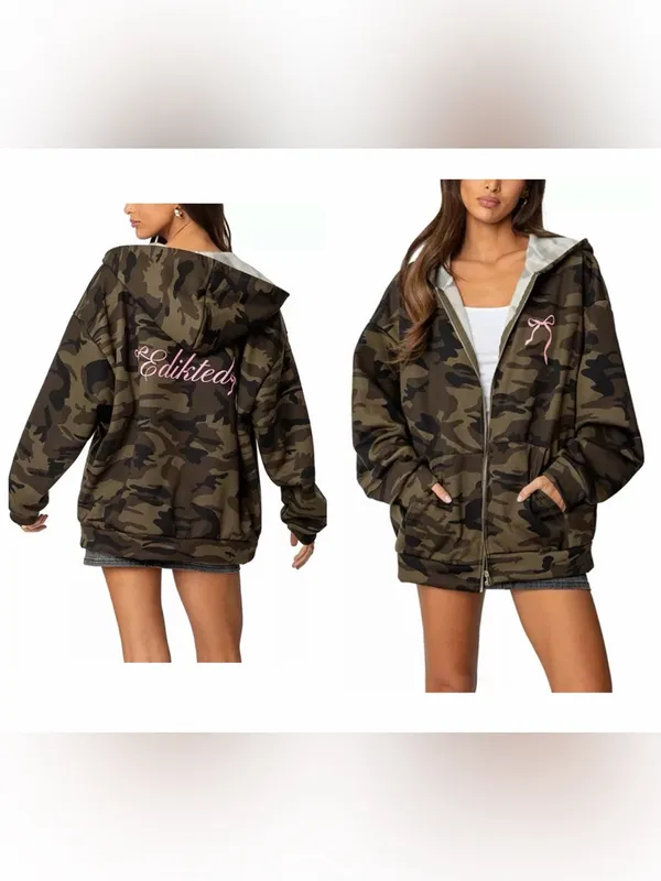 NWT Edikted Camo Bow Detail Oversize Zip Hoodie size medium - Image 2