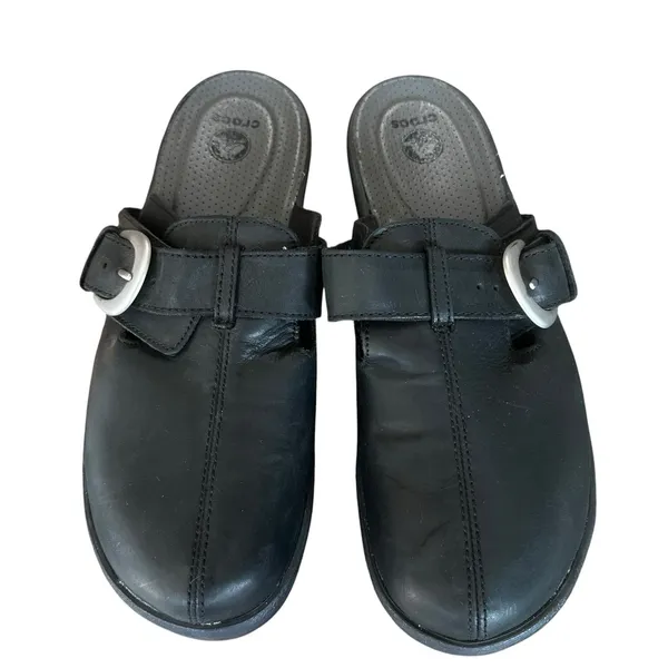 Crocs Cobbler Buckle Clog Shoes Women Size 10 Black Leather‎ Wedge Slip On - Image 3