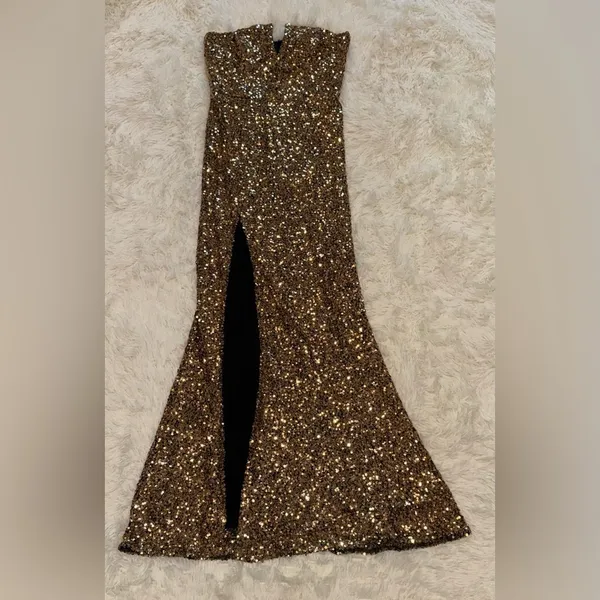 NEW Dress the Population Fernanda Gold Sequin Strapless Gown Sz L - Image 5