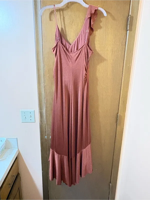Anthropologie One-Shoulder Ruffled High-Low Midi Dress in Brown - Image 6