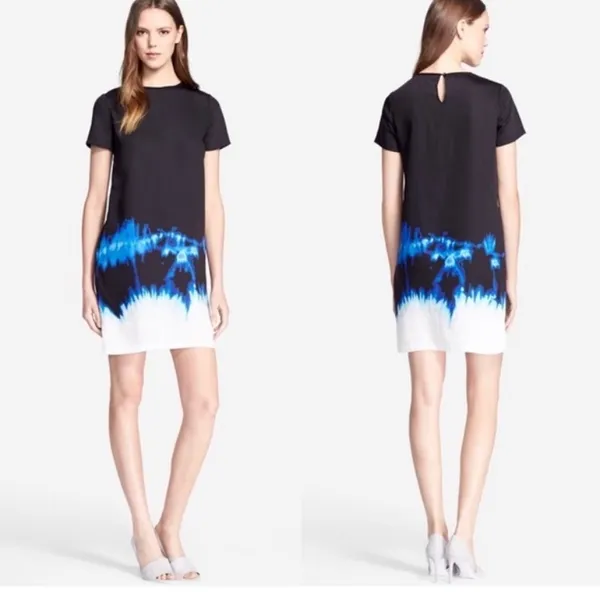 VINCE black, blue & white tie dye watercolor shift dress w/POCKETS. Size 4 FLAW - Image 2