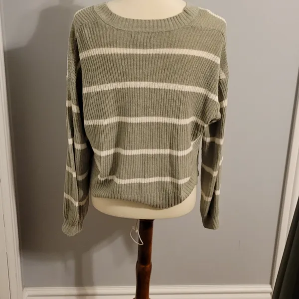 American Eagle Outfitters Olive Green and White Striped Cropped Cardigan - Image 3