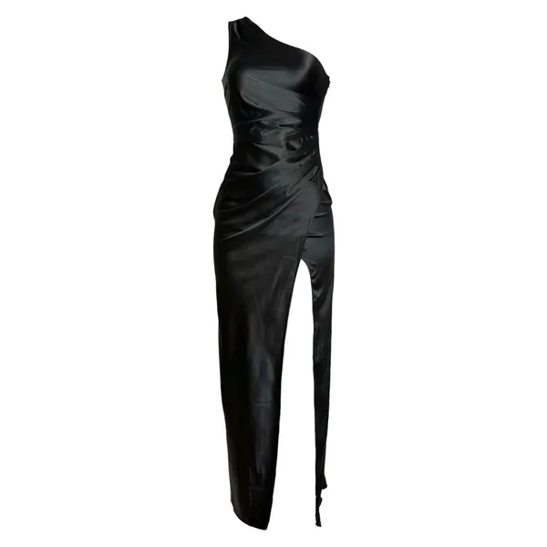 BHLDN Scottie One-Shoulder Side-Slit Stretch Satin Maxi Dress, Black, XS - Image 13
