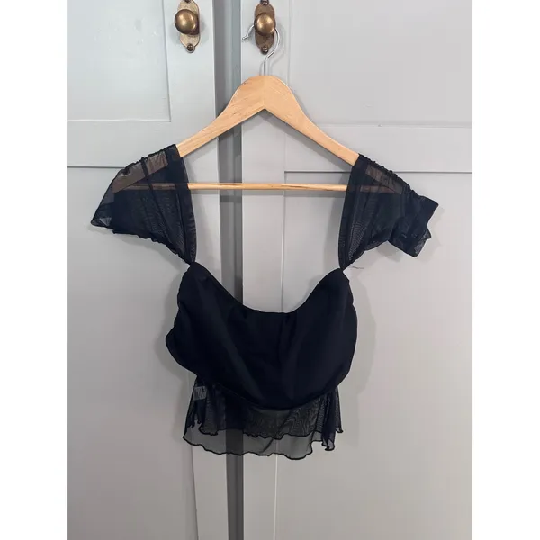Black Mesh Off Shoulder Crop Top Sheer Flutter Sleeve Draped Sweetheart - Image 2