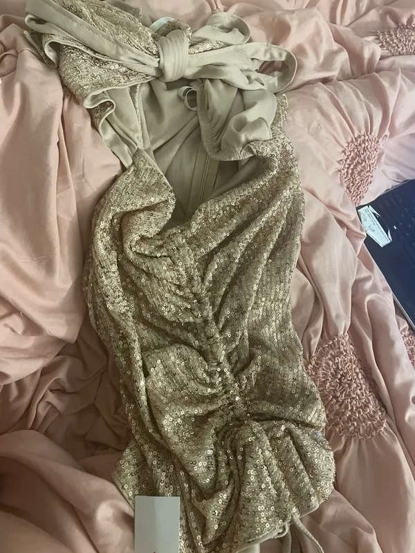 ASOS NWT Parisian sequin halter neck cut out front mini dress in champagne - Image 5