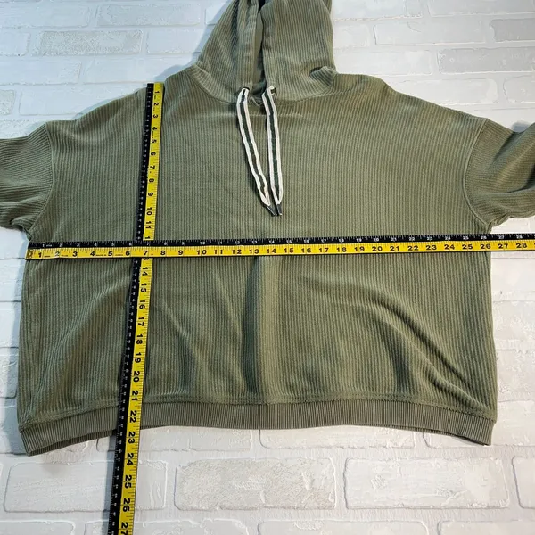 Aerie Hoodie Sweatshirt Womens Large Green Ribbed Cropped Corded 100% Cotton L‎ - Image 2