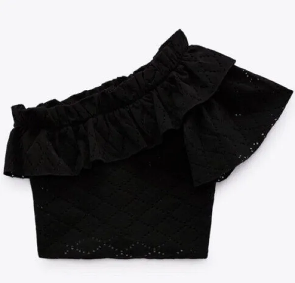 Zara One Shoulder Eyelet Ruffle Top Black Large Stretchy - Image 2