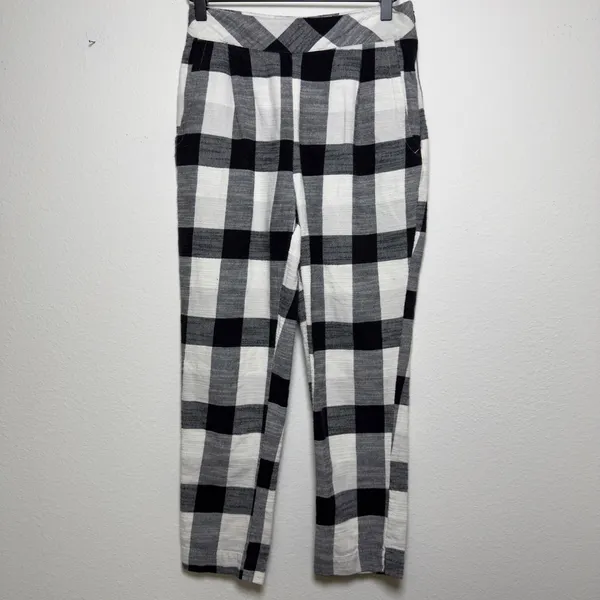Free People Women Clear Skies‎ Cotton Pants 2 Black White Buffalo Plaid Academia - Image 2