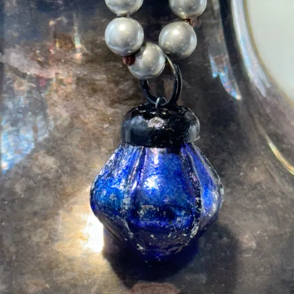 Artisan Handknotted Silver Necklace with Blue Vintage Ornament Pendant - Image 7