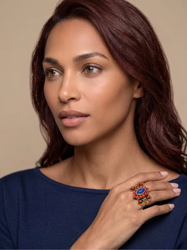 Gold-Plated Blue & Coral Statement Ring - Women Jewelry Size 8 - Image 3