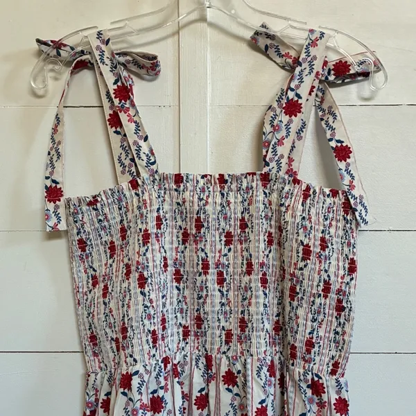 Joie Floral Smocked Tiered‎ Midi Sundress Tie Shoulder Red Blue White Medium - Image 3