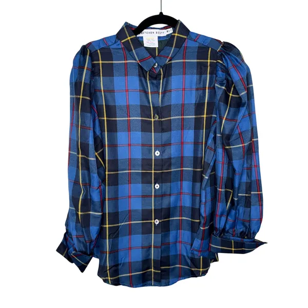 Gretchen Scott Plaid Puff Sleeve Blouse Women Medium Blue Excellent Tartan Top - Image 3
