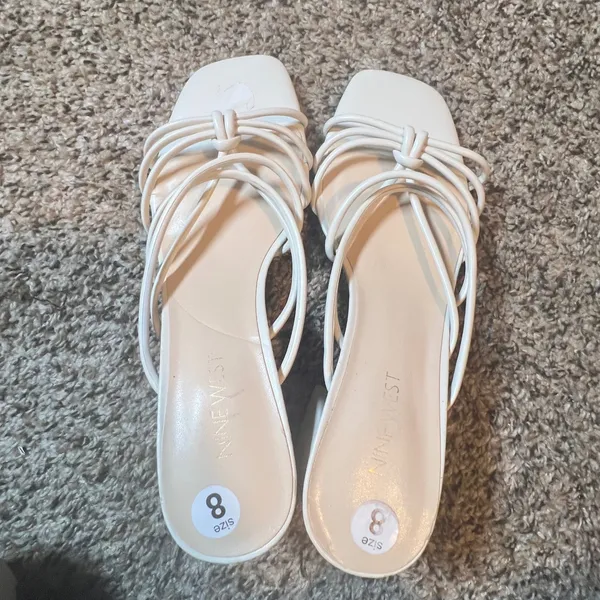 Nine West Gainer White Strappy Block Heel Sandals Square Toe‎ Mules Womens 8M - Image 3