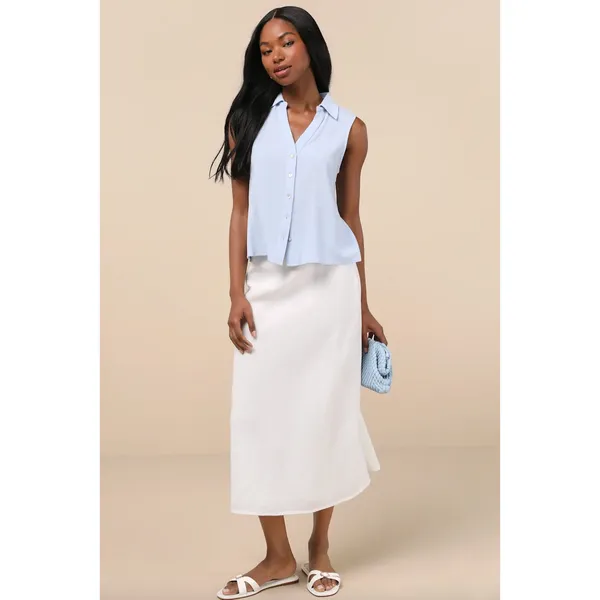 Lulus Casual Contentment Light Blue Linen Button-Up Collared Tank Top Medium NWT - Image 4