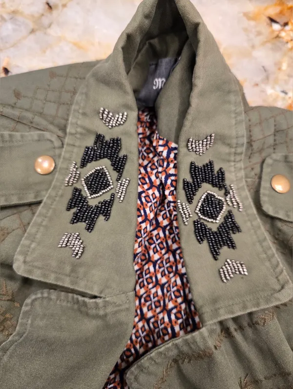 Miss Me Olive Green military utility jacket beaded embroidery Aztec Pattern L - Image 5