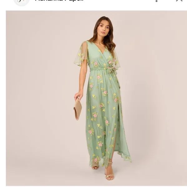Adrianna‎ Papell Embroidered Maxi Dress Sage Multi Floral Flutter Size M NWT - Image 4