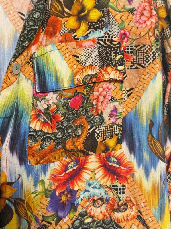 Brazilian 100% Viscose Mixed Print Boho Art Blouse Floral Eclectic L Dopamine - Image 7