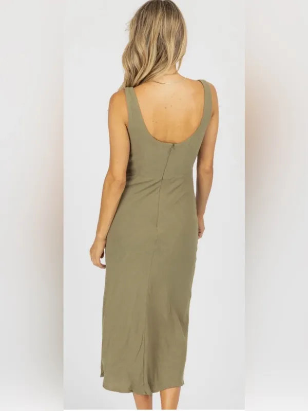 MABLE Cotton Open Front Twist Midi Dress In Olive Size Medium - Image 2