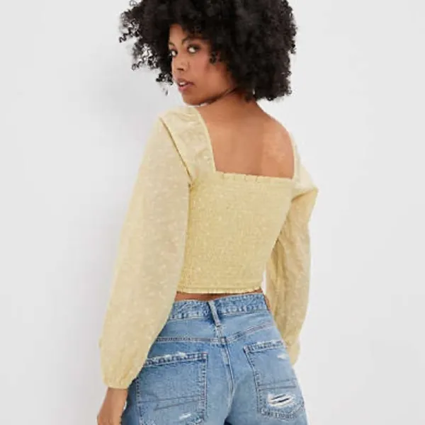 ✨ NWOT✨Aerie Square Neck Smocked Bishop Sleeve Crop Top ✨ - Image 2