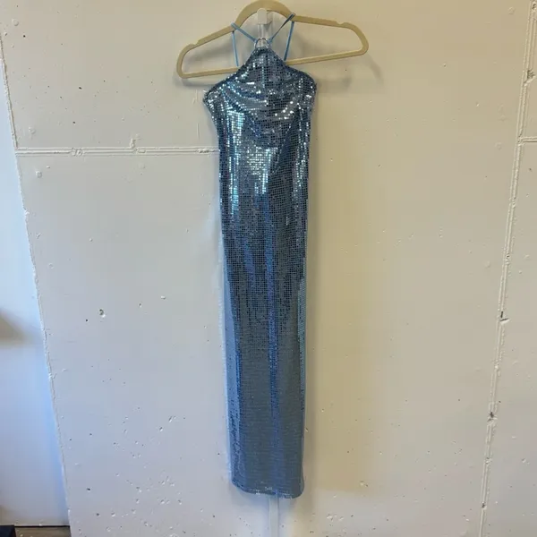 NWT Hosbjerg Sequin‎ Melina Halter Bodycon Midi Dress Winter Sky Blue XS Stretch - Image 3