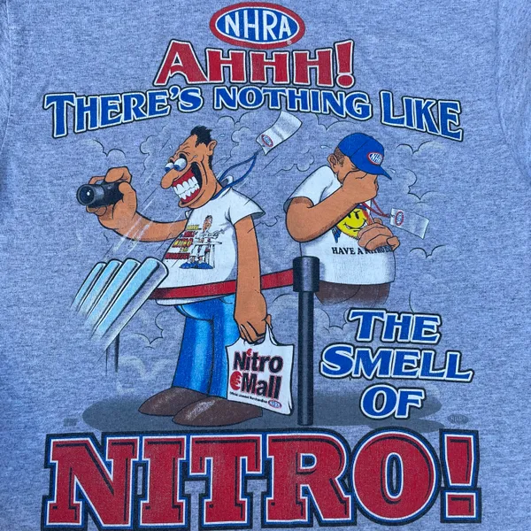 Vintage 90s NHRA Nothing Like The Smell Of Nitro Grey Graphic T-shirt - Image 3