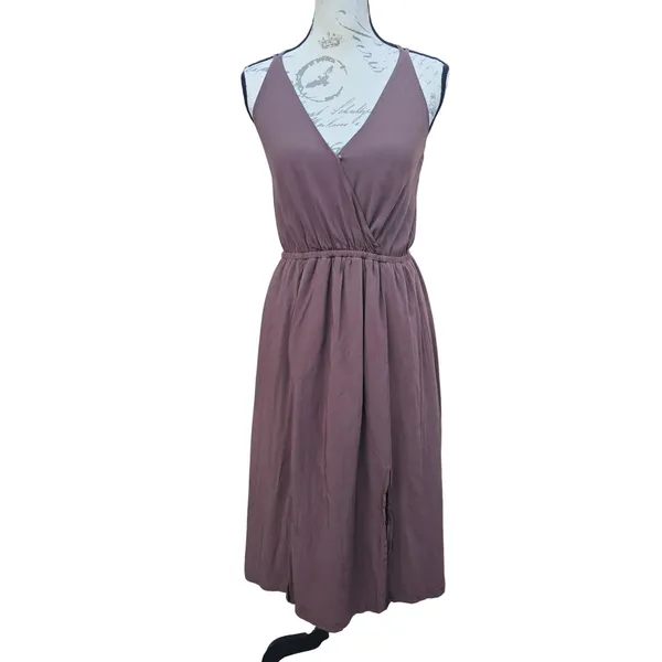 L*Space Tori Strappy Midi Dress in Cocoa‎ Brown Rayon V-Neck Slit Large - Image 2