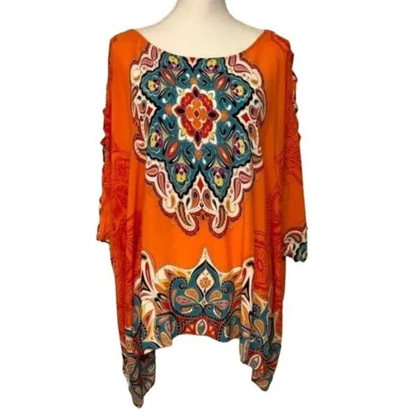 Melissa Paige Blouse Womens L Used Orange Blue - Image 6