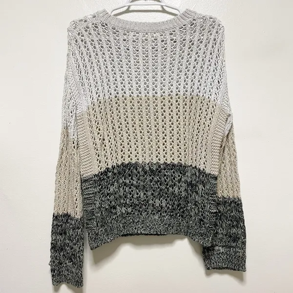 One Grey Day Tan Gray Stripped Bell Sleeve Knitted Sweater - Image 5