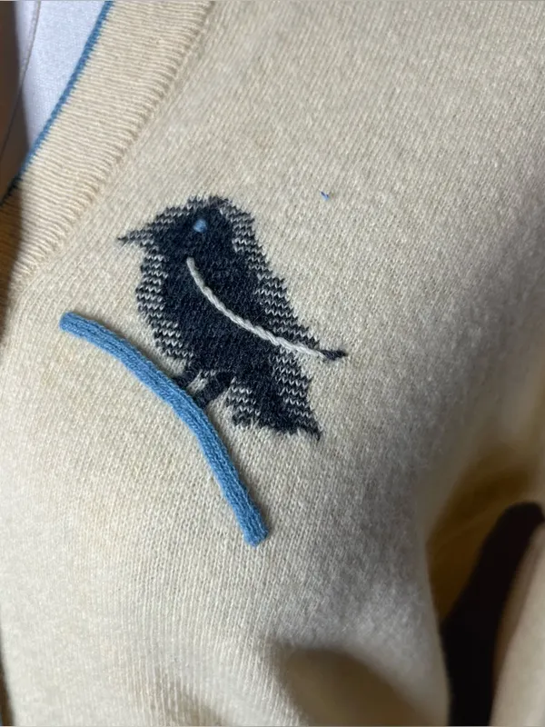 60s Vintage Wool Angora Butter Yellow Blue Bird Knit Cardigan Cottagecore Twee - Image 7