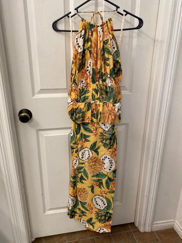 FARM Rio BiRiBA Yellow Tropical Halter Midi Dress with Side Slit and Peplum - Image 4