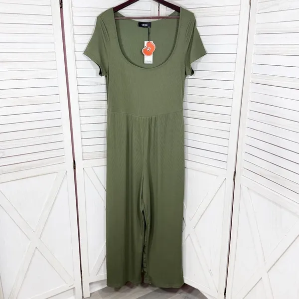 Cider Jumpsuit Square Scoop‎ Neck Wide Leg Short Sleeve Olive Green 0XL 12 14 - Image 9