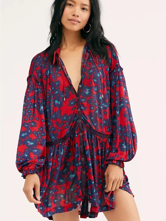 NEW Free People Red Floral Bohemian Keyhole Long Sleeve Mini Dress LRG Tunic - Image 2