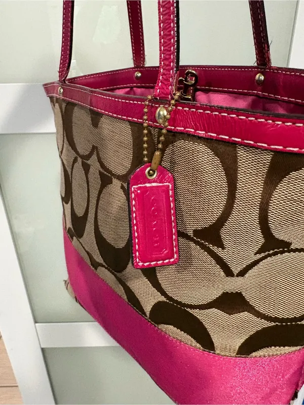 Vintage Coach Reversible Stripe Tote Bag Khaki Pink Canvas with Leather Trim - Image 7