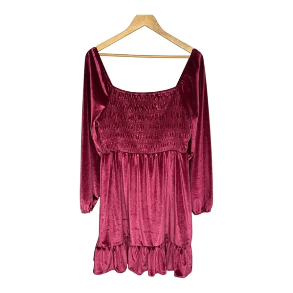 LC Lauren Conrad Velvet Mini‎ Dress Large Wine Red Smocked Ruffle Long Sleeve - Image 2