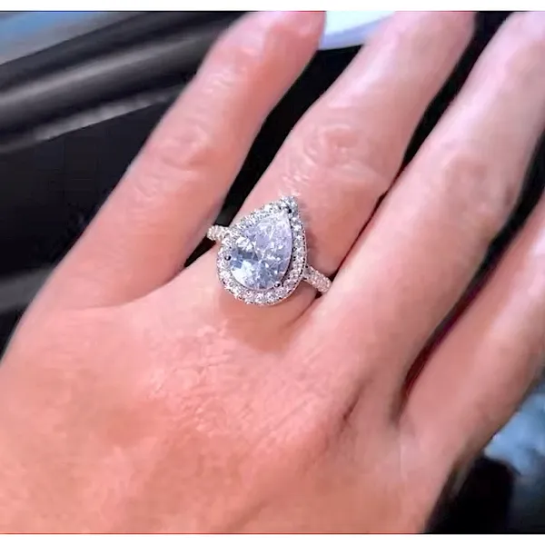 3ct Pear Halo‎ Ring | Rhodium Plated 925 Sterling Silver - Image 8