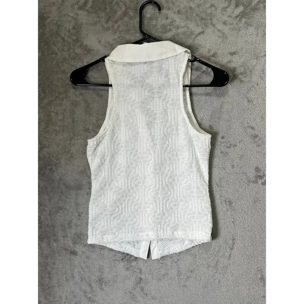 Maeve Halter Collared Ruched Tank Top Women’s XS Ivory Textured Button Front - Image 3