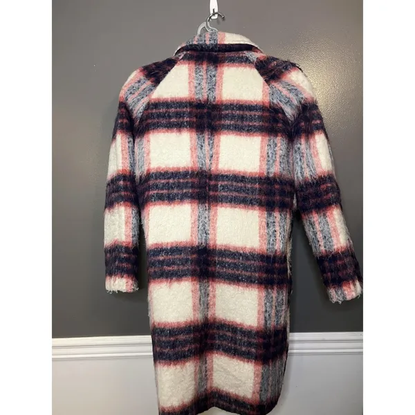Glamorous Coat Womens Medium Pink Navy Cream Plaid Wool Blend Long Lined Boucle - Image 6