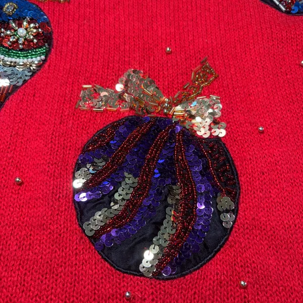 90s EMT Red Silk Angora Wool Beaded Christmas Ornament Sweater Womens M sequins - Image 7