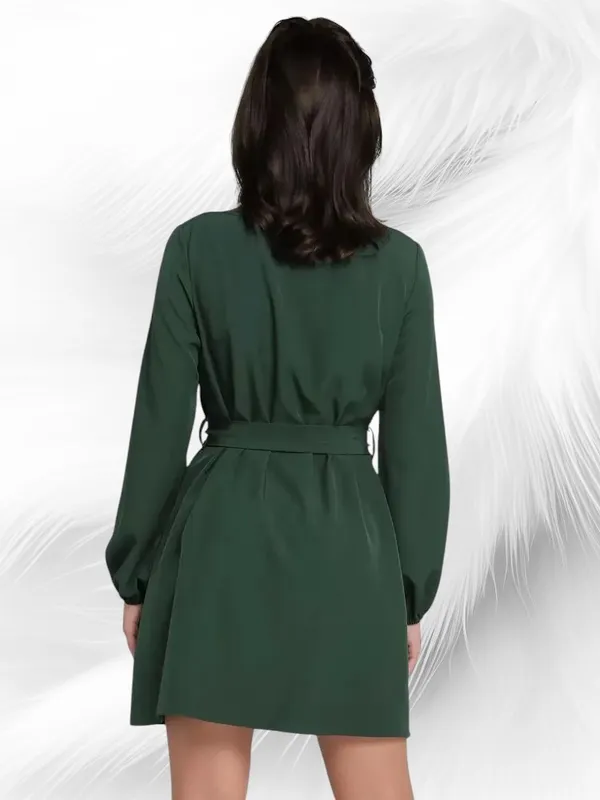 Women's Solid Round Neck Puff A-line Dress - Image 2