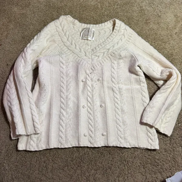 Old Navy Cream Cable Knit Cardigan V-Neck Double Breasted‎ Sweater Ivory L - Image 2