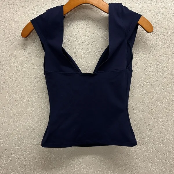 Free People Navy Blue Fitted Plunge Neck Cap Sleeve Top Size S - Image 5