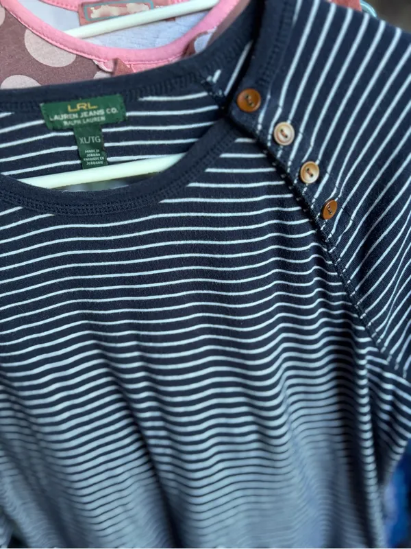 Lauren Ralph Lauren Navy and White Striped Long-Sleeve Tee with Shoulder Buttons - Image 2