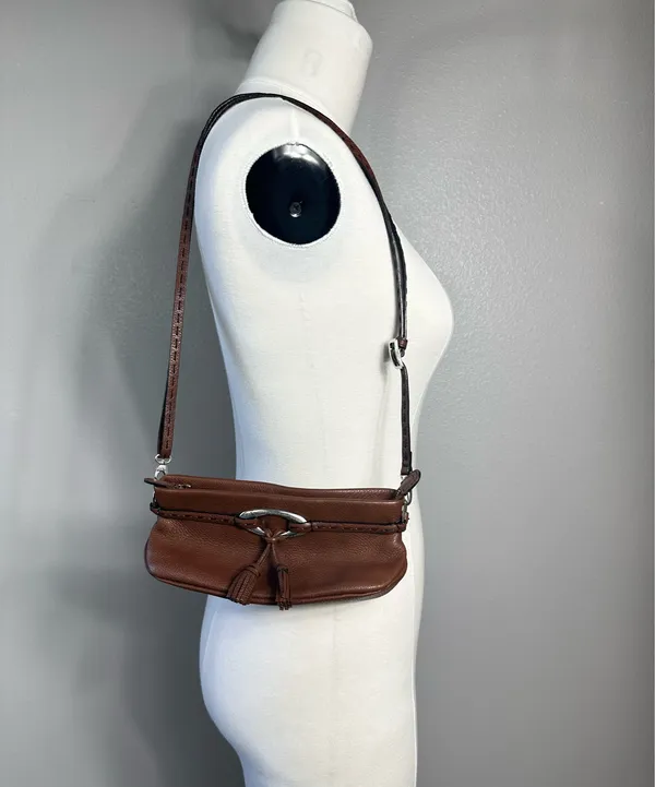 Brighton Leather Bag Shoulder Purse Tasseled Handbag Cross Pebbled Brown Vintage - Image 2