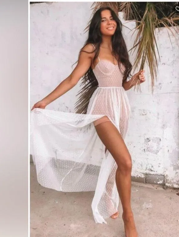 White Fox Boutique Strapless maxi sheer Dress in Pink and White - Image 2
