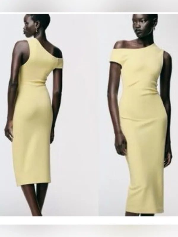NWT ZARA Pale Yellow Asymmetric Ruched Midi Dress - Size Small - Image 9