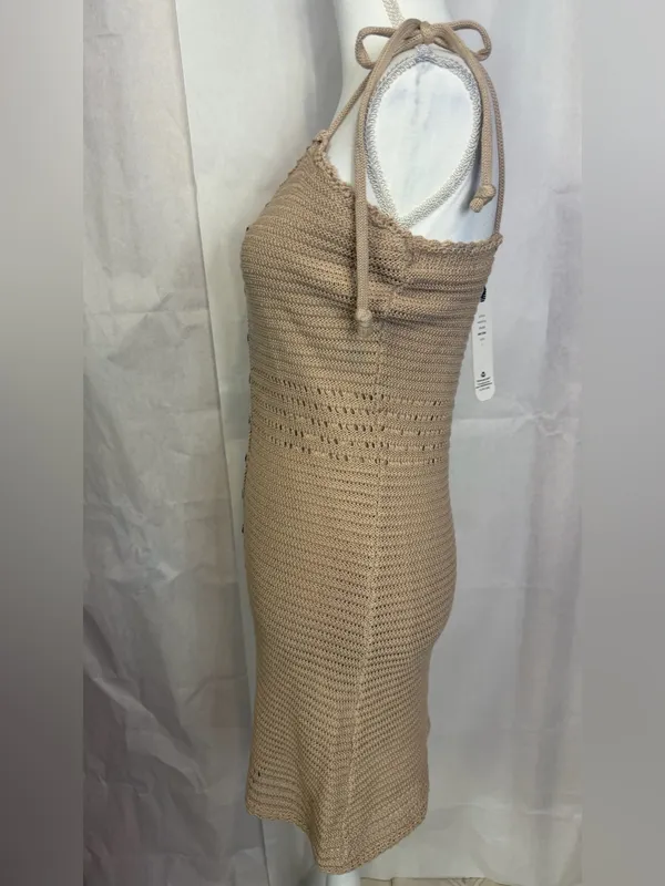 Tie-Shoulder Knit Mini Dress in Tan - Image 4