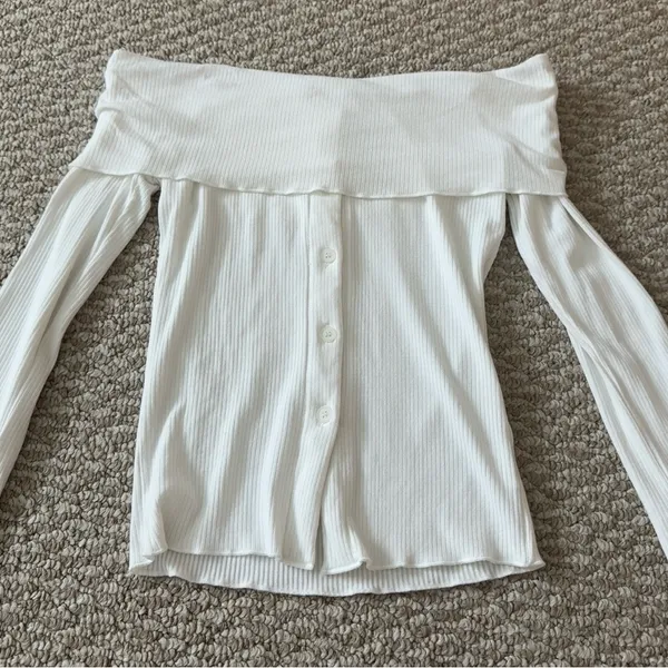 Princess Polly White Ribbed Off-Shoulder Top - Image 2