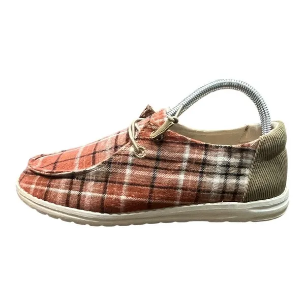 True Craft Plaid Slip On Loafers‎ Womens 7.5M Orange Brown Corduroy Comfortable Fall - Image 2