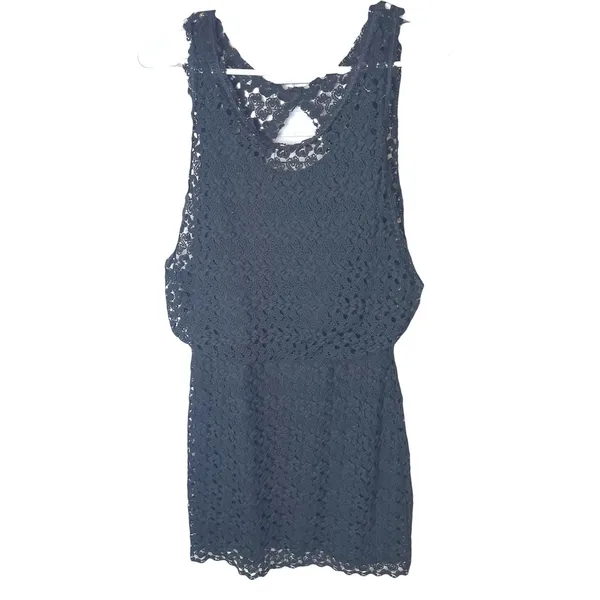 Free People Black Crochet Lace Mini Dress Open Back Sleeveless Scalloped Hem XS - Image 3