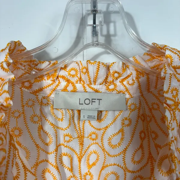 LOFT Orange Embroidered Paisley Printed Ruffle Sleeve Tassel Tie Top Small S - Image 3